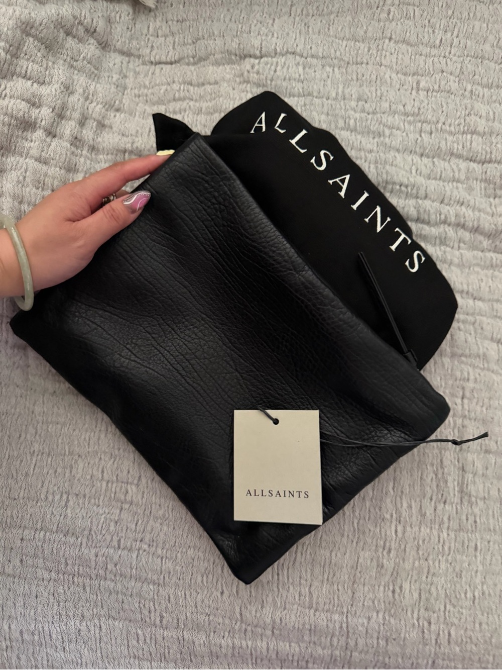 NWT All Saints Bettina Grain Clutch Black Leather Zipper Pouch Bag